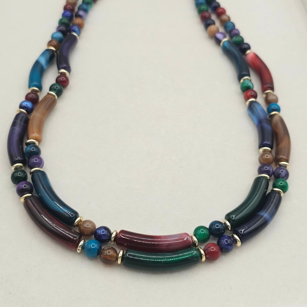 Vintage Bead Double‎ Strand Necklace Multicolor Acrylic Marbled Beads Maximalist